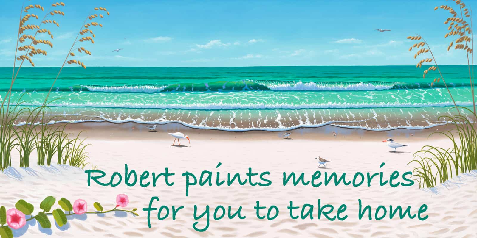 Beautiful beach painting with shorebirds and rolling wave